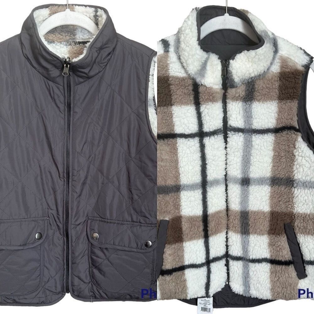 NWT Thread & Supply Reversible Vest size Small Coal Gray/Plaid Nylon Fleece
